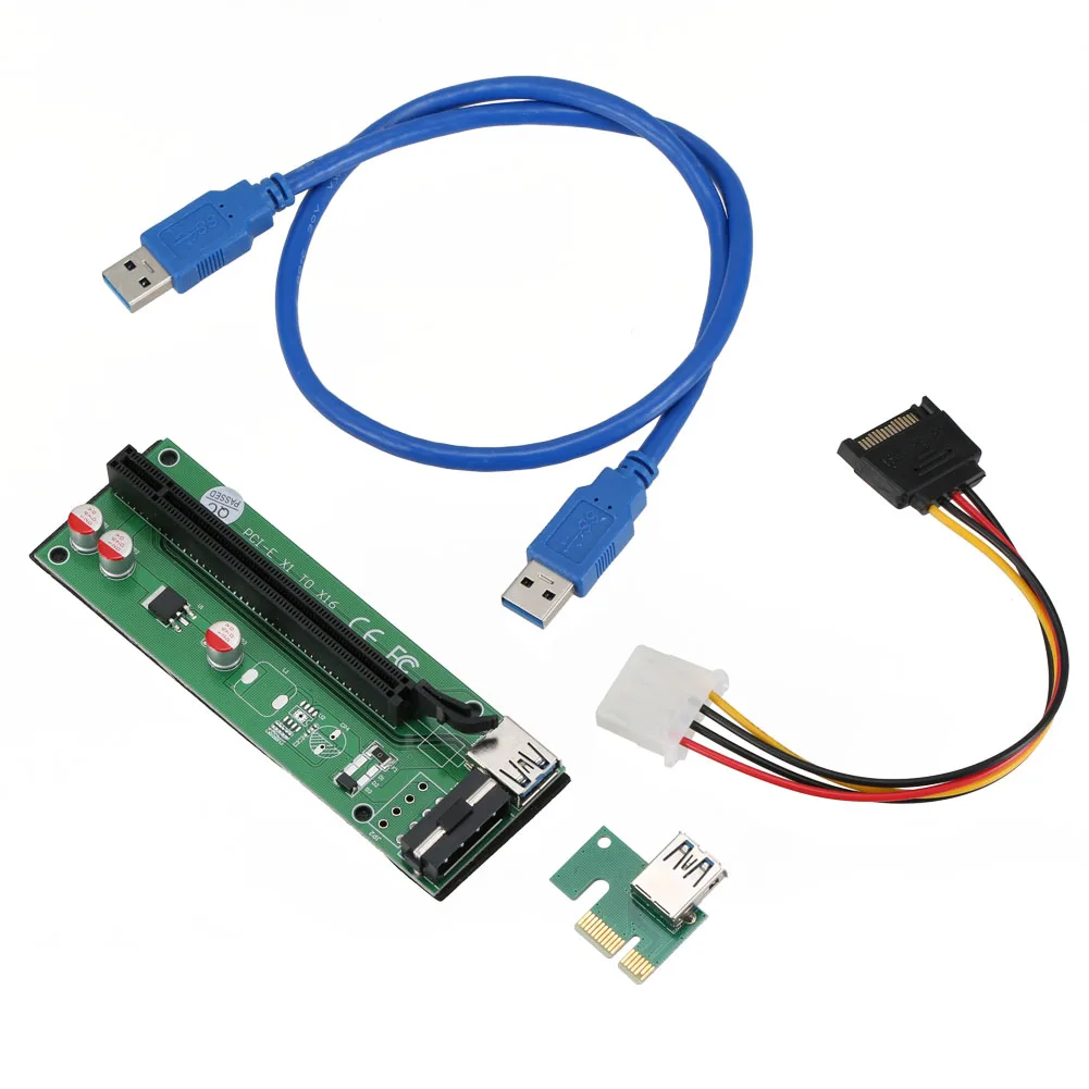 

60cm PCI-Express PCI-E 1X to 16X Riser Card Adapter PCIE Extender + USB 3.0 Cable + SATA to 4Pin IDE Molex Power Cord ND