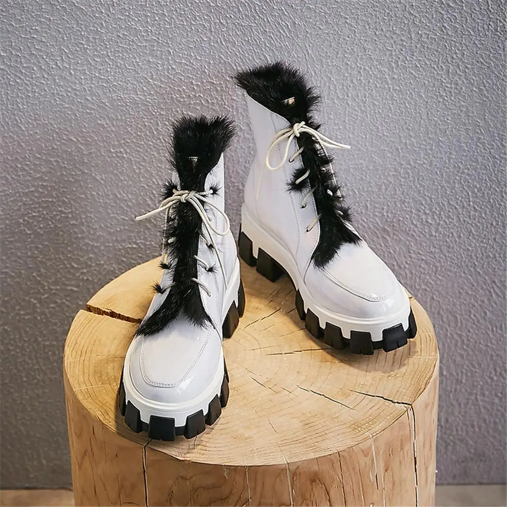 Karinluna/модные ботинки наивысшего качества из натуральной лакированной кожи для девочек; женские ботильоны на натуральном меху; женская обувь на платформе года