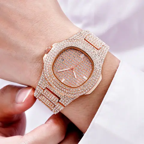 Reloj de diamantes helados de 1.772 in para hombre con esfera romana y  correa de metal ajustable Bling-ed Out - Movimiento de cuarzo - Oro o plata  de