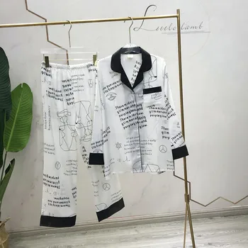 

Women's Spring and Summer Long-Sleeved Pajamas Home Thin Casual Fashion Silk Pajamas Set Sleepwear Nightgrown