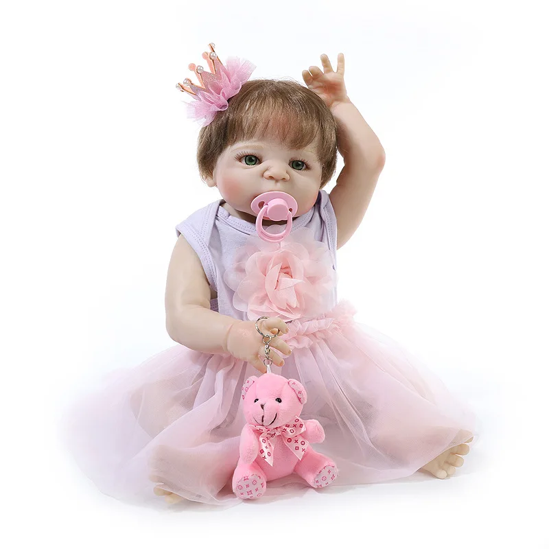 

55CM Reborn Baby Doll Toy Full Silicone Washable Princess Dress Cloth Body Short Hair Realistic Baby Doll Toddler Kids Gifts