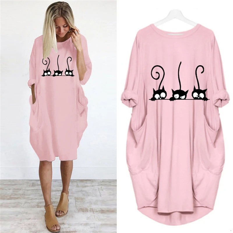 

Women Cute Cat Print Dress Pocket Casual Loose Long Sleeve Vintage Spring Autumn Woman Dresses Party Female Plus Size Vestidos