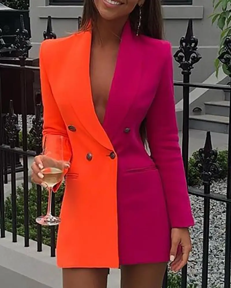 Цветное лоскутное платье-блейзер с длинным рукавом, женское офисное платье, сексуальное платье с глубоким v-образным вырезом и пуговицами, повседневное мини-платье, рабочая одежда - Цвет: Оранжевый