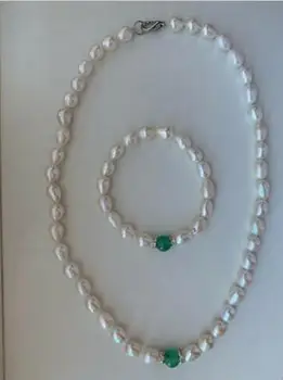 

7-8mm Natural white fresh water pearl necklace and bracelet set with jade coloured