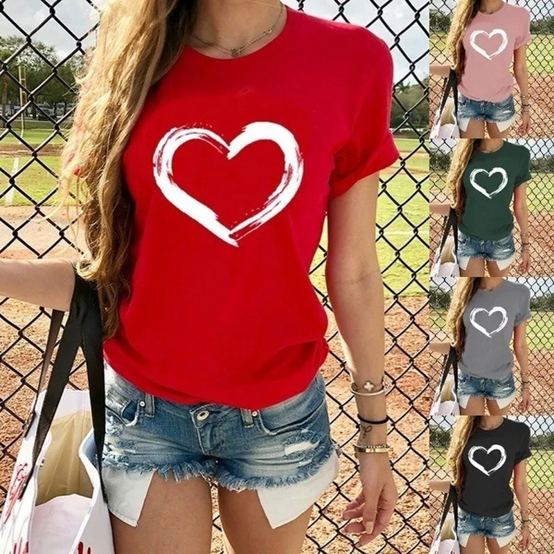 

Love Heart Print T Shirt Women Short Sleeve O Neck Loose Tshirt Summer Women Tee Shirt Tops Camisetas Mujer