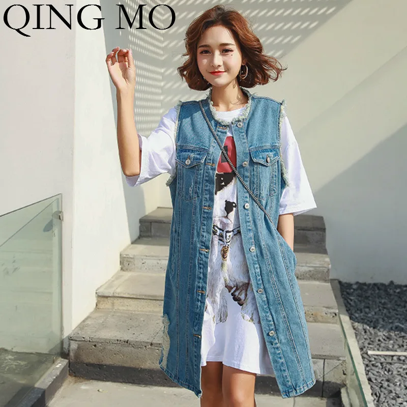 QING MO женское синее одноцветное джинсовое пальто осень 2019 Женский однобортный