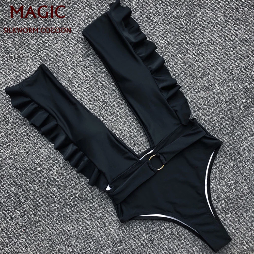 

Sexy Off The Shoulder Ruffle One Piece Swimsuit New Swimwear Women Swimsuit Deep-V Bathing Suits Beach Wear Waistband Swim Suit