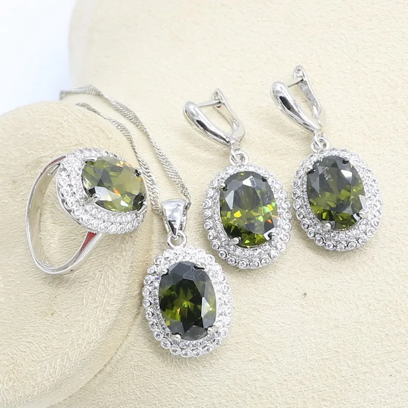 Olive Green Zircon 925 Silver Jewelry Set for Women Wedding Bracelet Earring Necklace Pendant Ring Gift Box