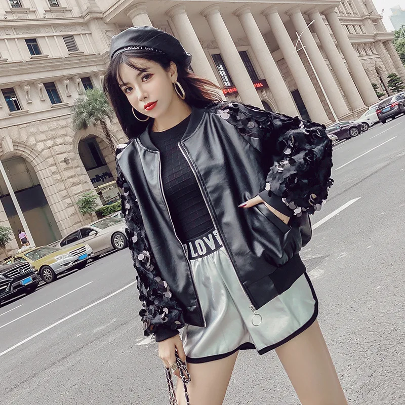 

Photo Shoot 2019 Autumn New Style Korean-style Loose-Fit Biker Jacket PU Leather Sleeves Order Sequin Solid Color Zip-up Jacket