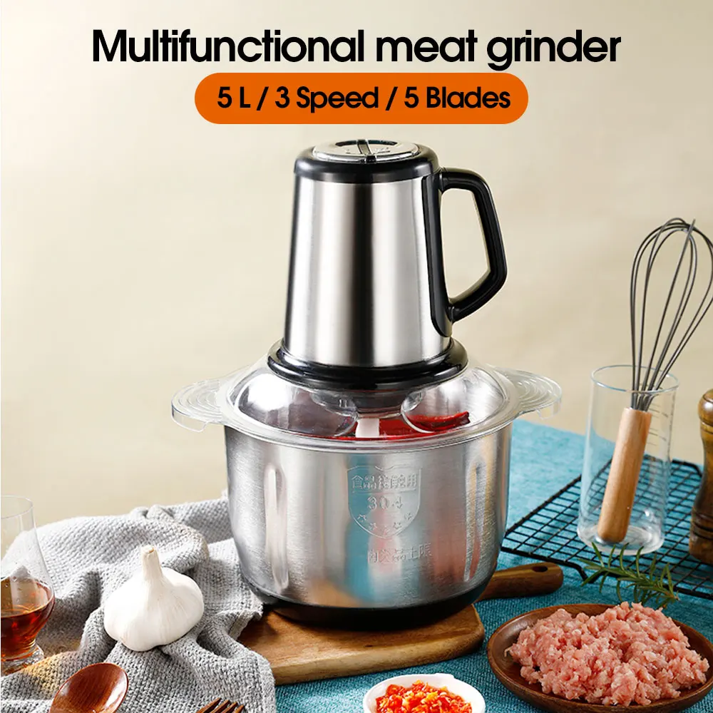 Meat Grinder 500W Electric Chopper 3 Speeds Stainless steel 5L Capacity Universal Mincers Garlic Food Processor Kitchen Slicer
