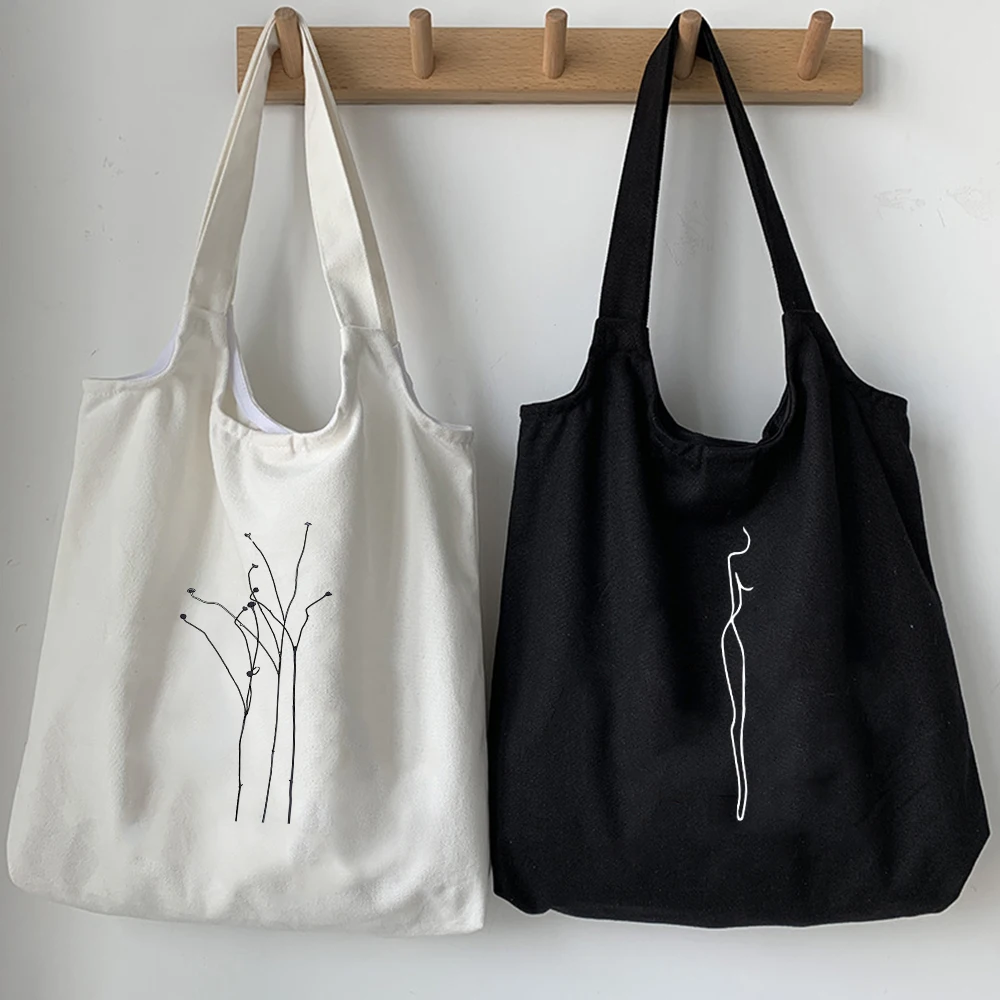 Women Casual Canvas Shoulder Bag Line Painting Print Shopping Bag Cotton  Cloth Lady Handbag Eco Reusable Large Tote Shopper Bags - AliExpress