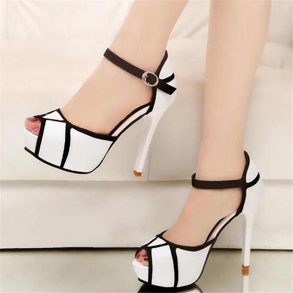 

Women Sandals Sexy High Heels Leather Peep Toes Buckle Strap Woman Party Shoes Black White Party Dress Shoe Sandalias Mujer y783