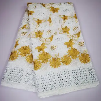 

New swiss voile lace fabric with embroidery white and gold african nigerian Lace fabric for women 5yards