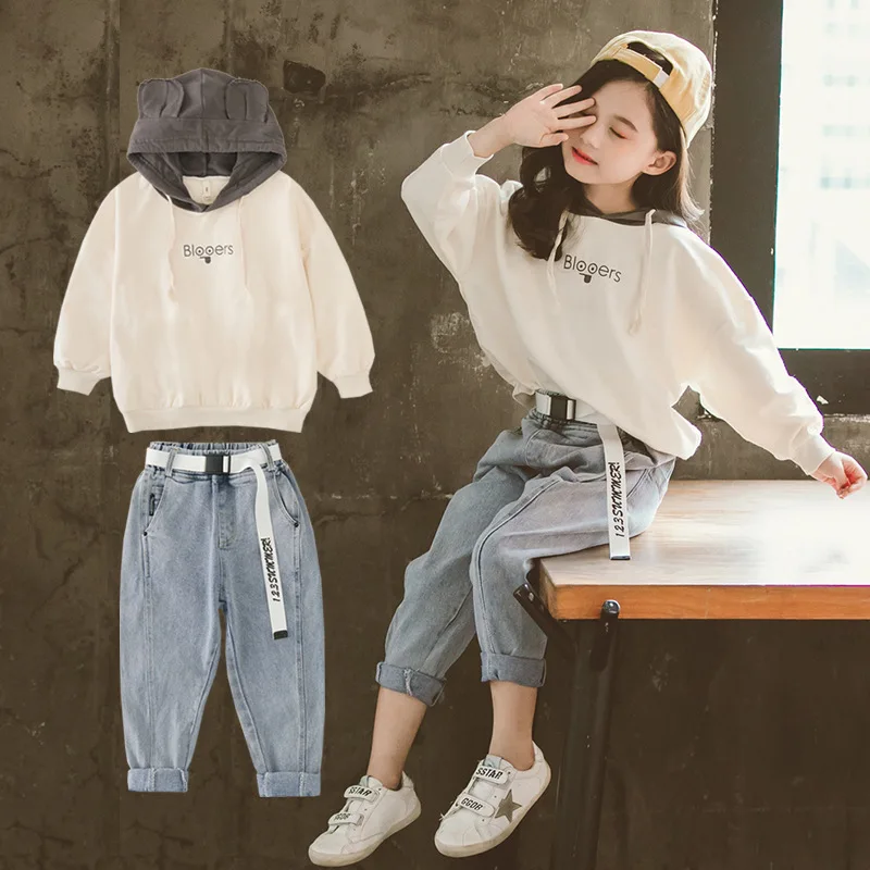 

Girls Fashion Suit 2019 Autumn New Children Rabbit Hooded Long Sleeve Letter Print Sweater Pocket Long Jeans Party Clothes Sets