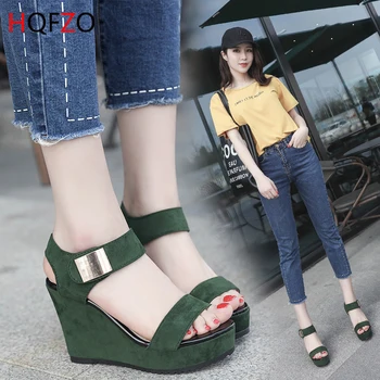 

HQFZO Wedges Heels Sandals Platform Open Toe Cross-tied Sandalia Feminina Flock Women Summer Shoes Mujer