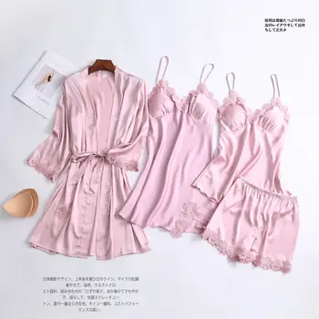 

Plus Size XXL Satin Sexy Lace Pajamas Four-piece Set Pyjama Silk Homewear Spaghetti Strap Pijama Women Sleepwear with Chest Pads