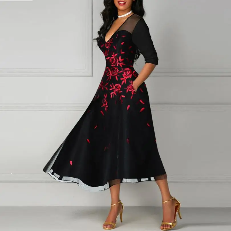 Сексуальные вечерние платья миди А-силуэта, элегантные женские платья с цветами размера плюс, черное Сетчатое платье с вышивкой Vestidos