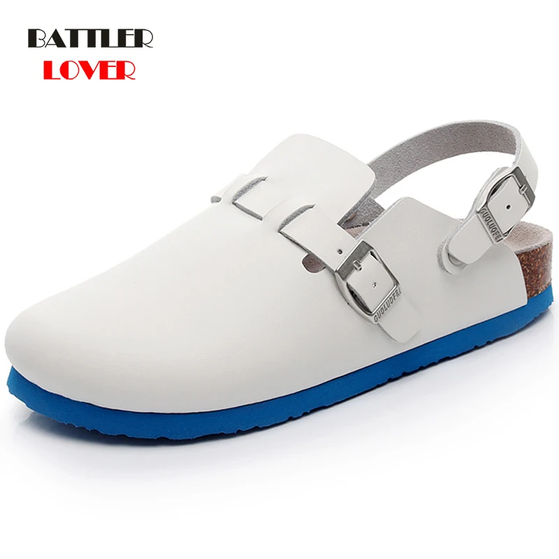 

Fashion Beach Soft Cork Slippers For Men 2021 Summer Solid Color Non-slip Outside Mules Women Genuine Cow Leather Sandals Unisex
