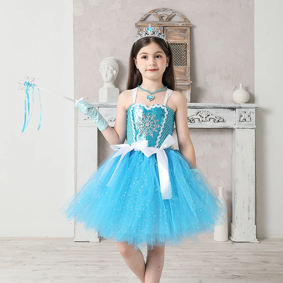 Snow Ice Princess Queen Girls Tutu Dress Glittery Sparkle Handmade Kids Halloween Party Birthday Fancy Dresses Elsa Clothes (7)