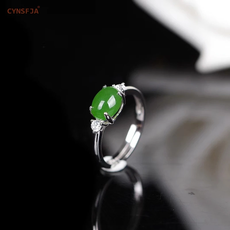 

CYNSFJA Real Certified Natural Hetian Jasper 925 Sterling Silver Lucky Amulet Green Jade Ring High Quality Resizable Best Gifts