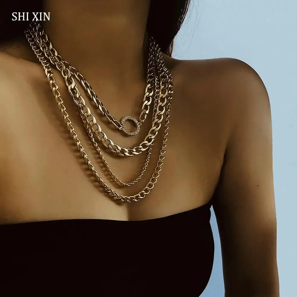 

SHIXIN Punk Miami Cuban Link Chain Necklace Statement Gold/Silver Layered Choker Necklace for Women Hip Hop Chunky Necklace 2019