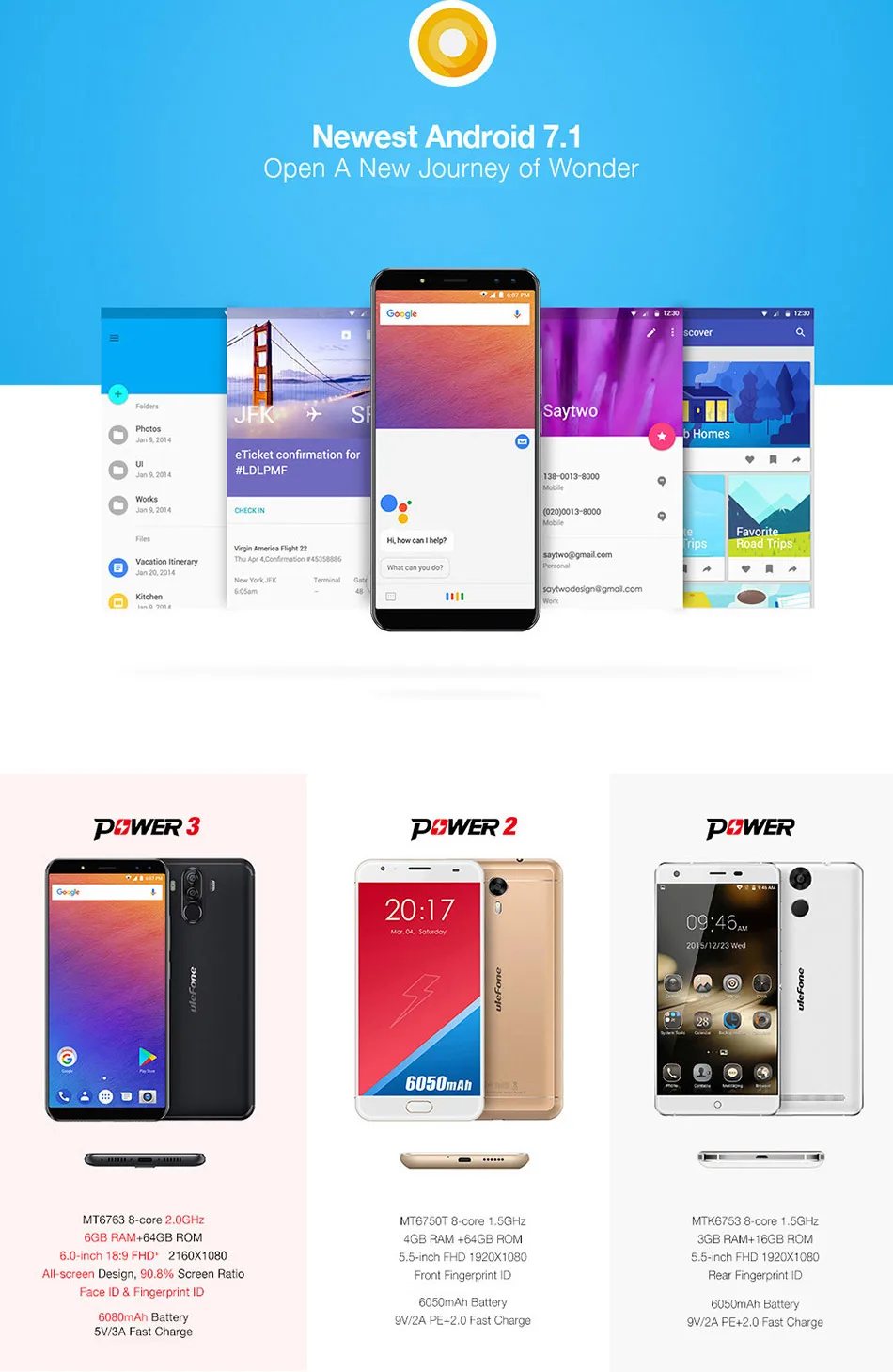 Ulefone power 3 6," 18:9 полноэкранный смартфон 6080 мАч MT6763 Octa Core 6 Гб 64 Гб четыре камеры 21 Мп+ 5 Мп Face ID Android 7,1
