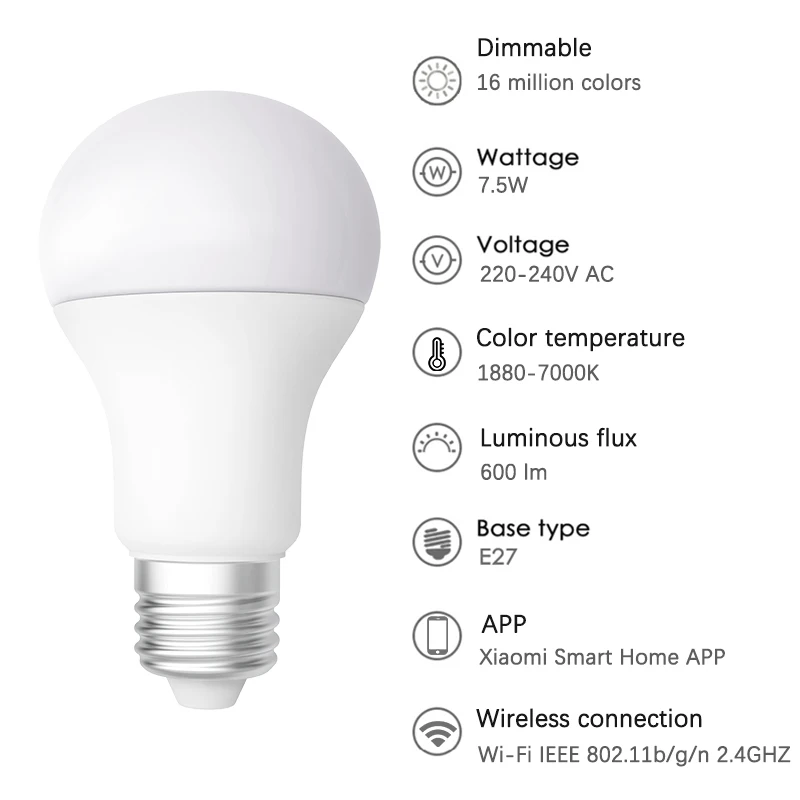 White Xiaomi MIjia Philips умная цветная светодиодная лампа Wifi RGB E27 1600 миллионов цветов умный светильник приложение Беспроводное управление Умный дом лампа - Color: White