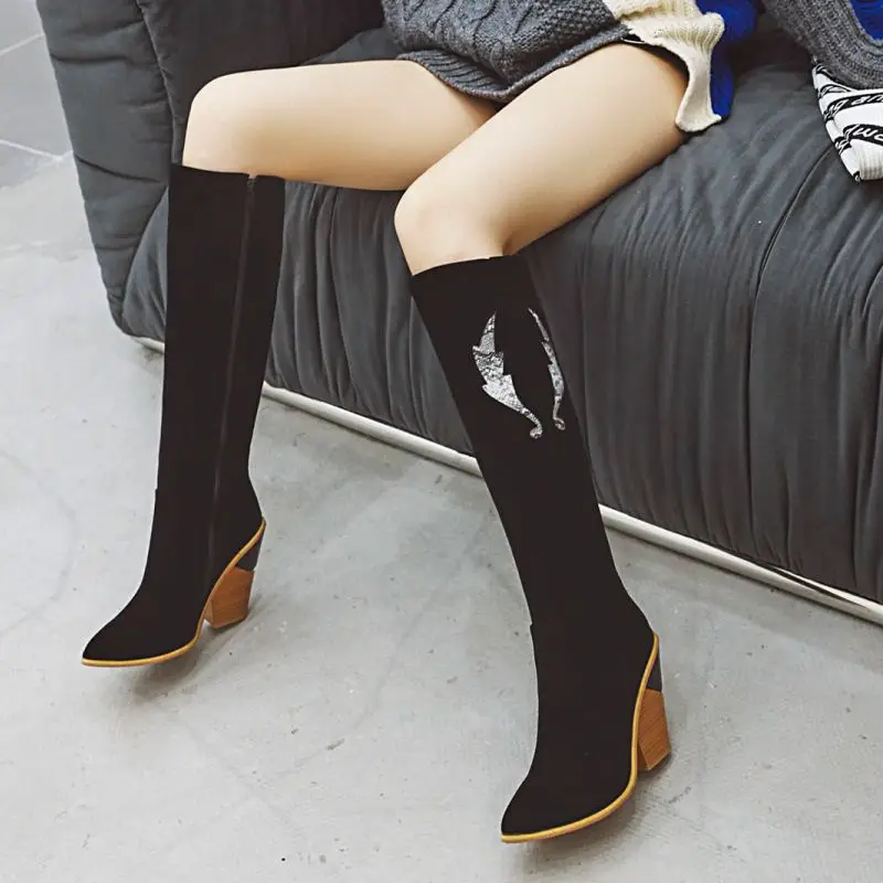 KemeKiss/Сапоги до колена размера плюс 33-46, Женская пикантная зимняя обувь, теплые меховые сапоги на высоком каблуке, ковбойская обувь, женская обувь