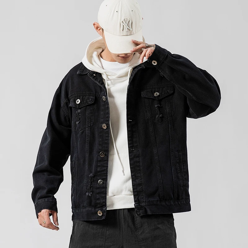 Spring and autumn hole denim jacket men's denim jacket jacket men's plus size casual jacket cotton blue black plus size 5XL