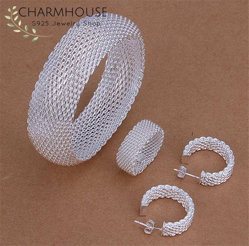 Silver 925 Jewellery Set for Women Round Bracelet &amp Bangle Earrings Ring 3 Pcs Fashion Jewelry Wedding Accessories Wholesale | Украшения