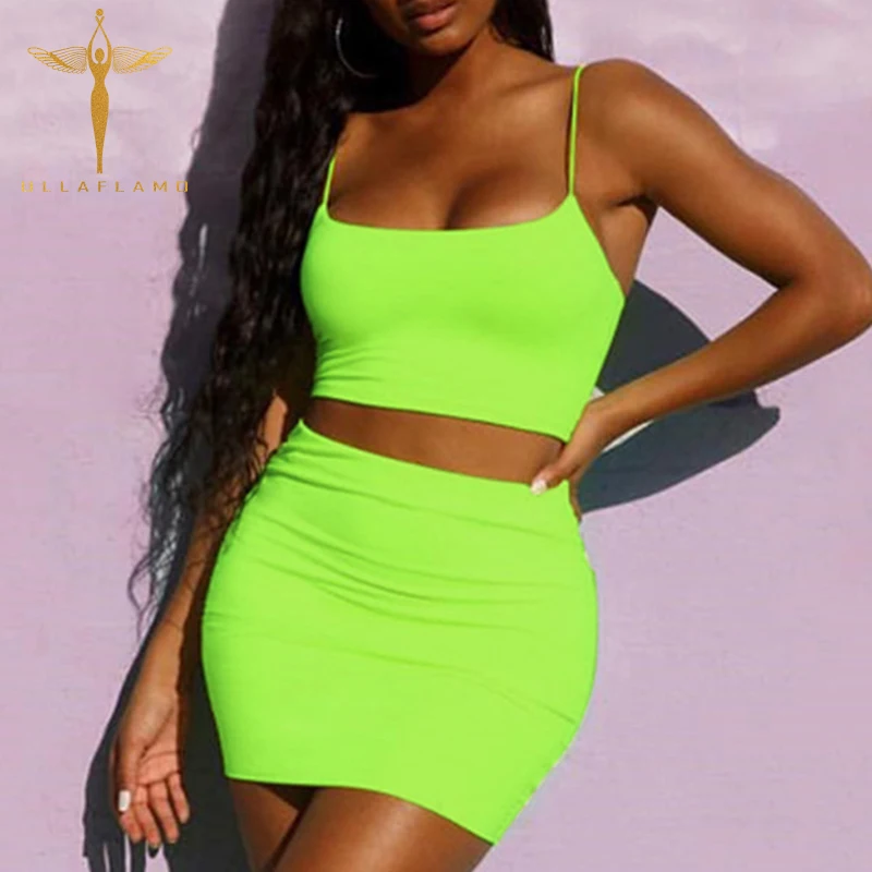 

Women's Camis Skirt 2-Piece Set Fluorescent Solid Crop Top High Waist Slim Miniskirt Set Women's Sexy Nightclub 2-Piece Set