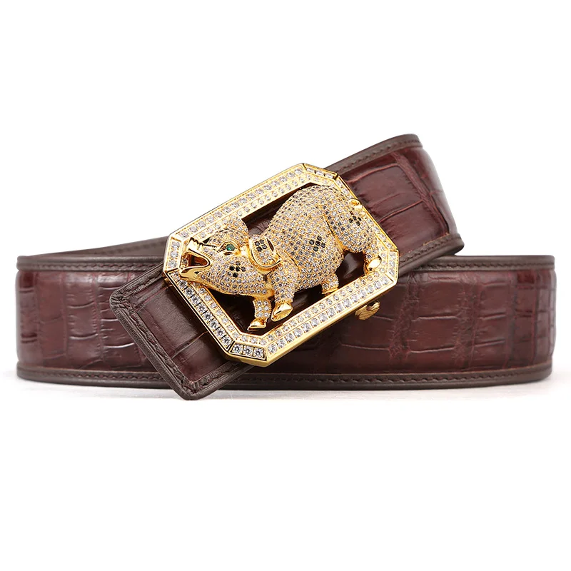 McParko Crocodile Belt Mens Leather Belts With Buckle Luxury Animal Design Genuine Leather Waist Belt with rhinestones Buckle - Цвет: pig brown