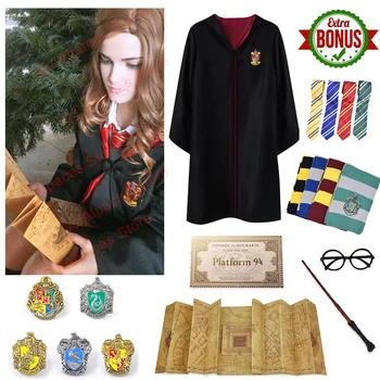

Gryffindor Robe Potter Costume Marauder's Maps Hermione Granger Cosplay Slytherin Cloak Badge Scarf Wand Glasses Halloween