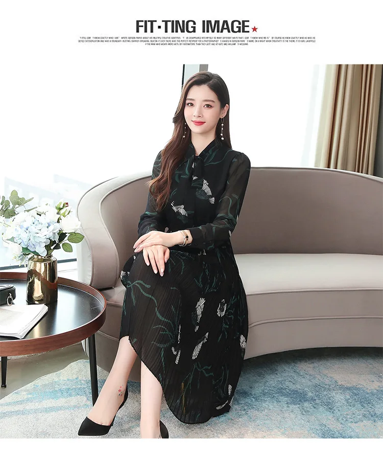 Femal Vintage Black Chiffon Midi Pleated Dresses Autumn Winter Print Long Sleeve Dress Elegant Women Bodycon Party Vestidos