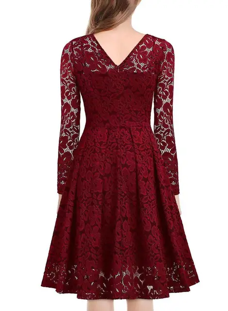 Women's Plus Size A Line Dress Solid Color V Neck Lace Long Sleeve Fall Casual Prom Dress Knee Length Dress Daily Vacation Dress / Party Dress 2