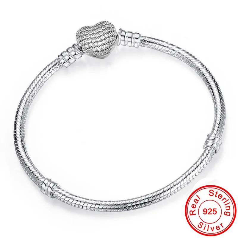 Big Sale Fine DIY Bracelet Bangle for women Original 100% 925 Sterling Silver Heart Clasp Snake Chain Fit Bead Bracelet Jewelry