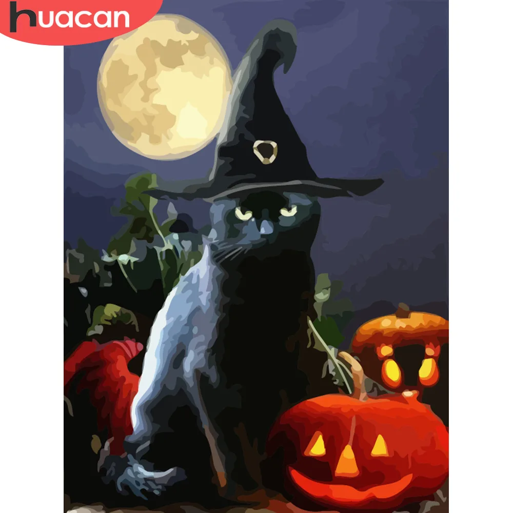 

HUACAN Oil Pictures By Numbers Pumpkin DIY Painting By Numbers Halloween Cat Kits Drawing Canvas HandPainted Home Decor