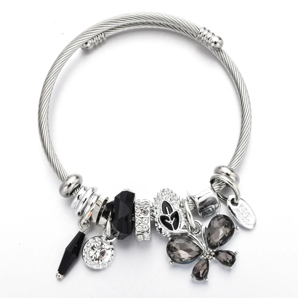 Fashion Zircon Butterfly Charms Stainless Steel Bracelet Bangle Crystal Disco Ball Pendant Adjustable Bracelet Jewelry for Women