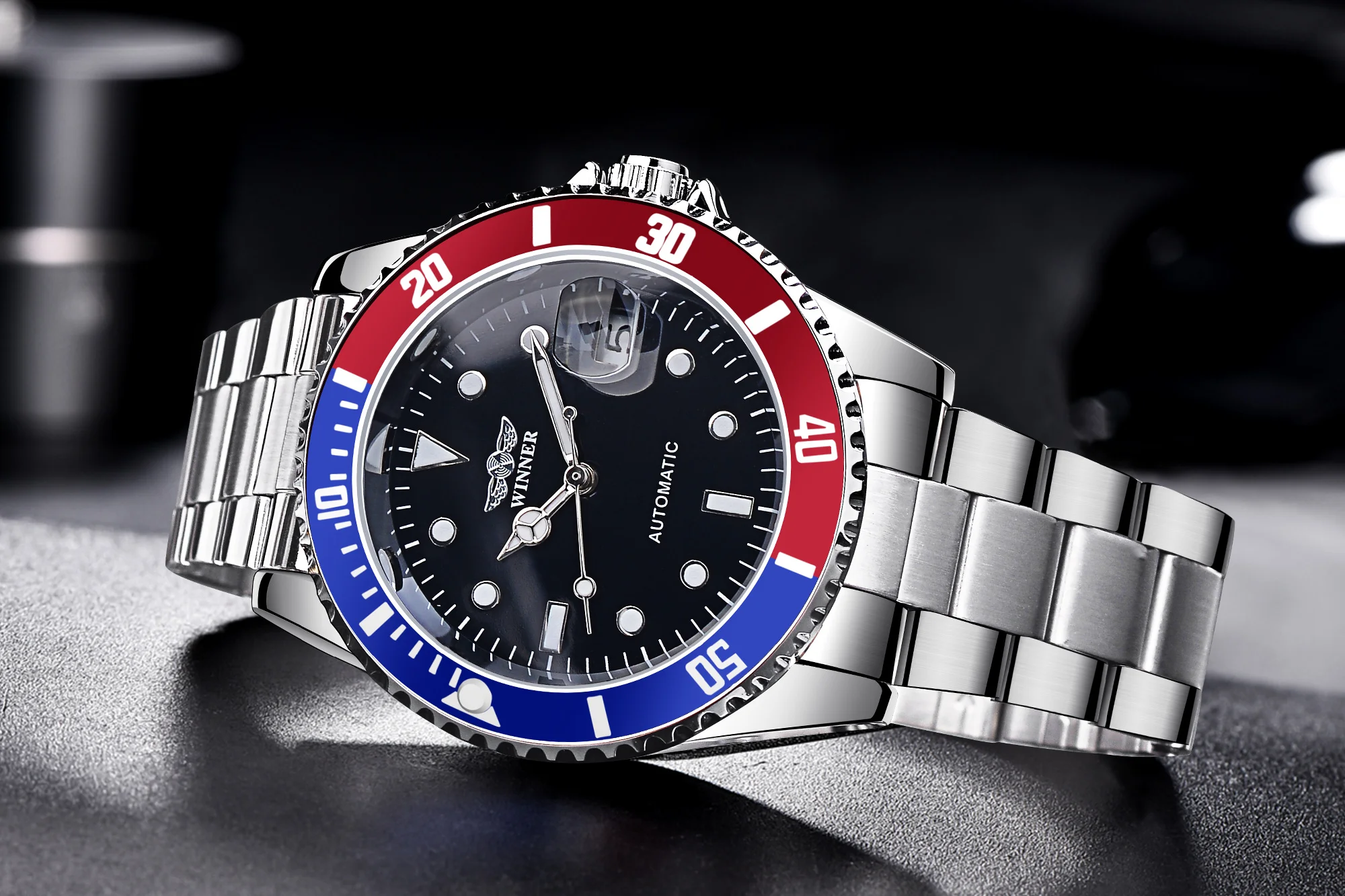Winner New Luxury Men Mechanical Wristwatch Stainless Steel Automatic Watch Black Dial Military Watches Relogio Masculino
