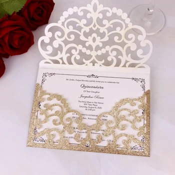 

50pcs Rose Gold Glittery Wedding Invitation with Envelope Printable Laser Cut Invitations Cards for Birthday Sweet Sixteen