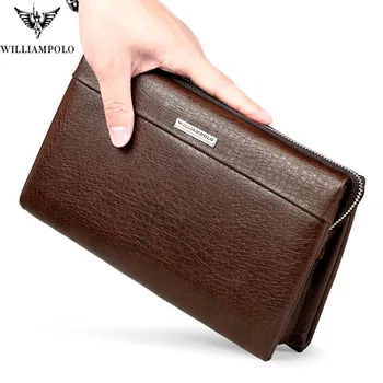 

WILLIAMPOLO Brand Genuine Leather Business Clutch Bag Men Fashion Zipper Large Handbag Men Gift Husband Clutches Brown Black