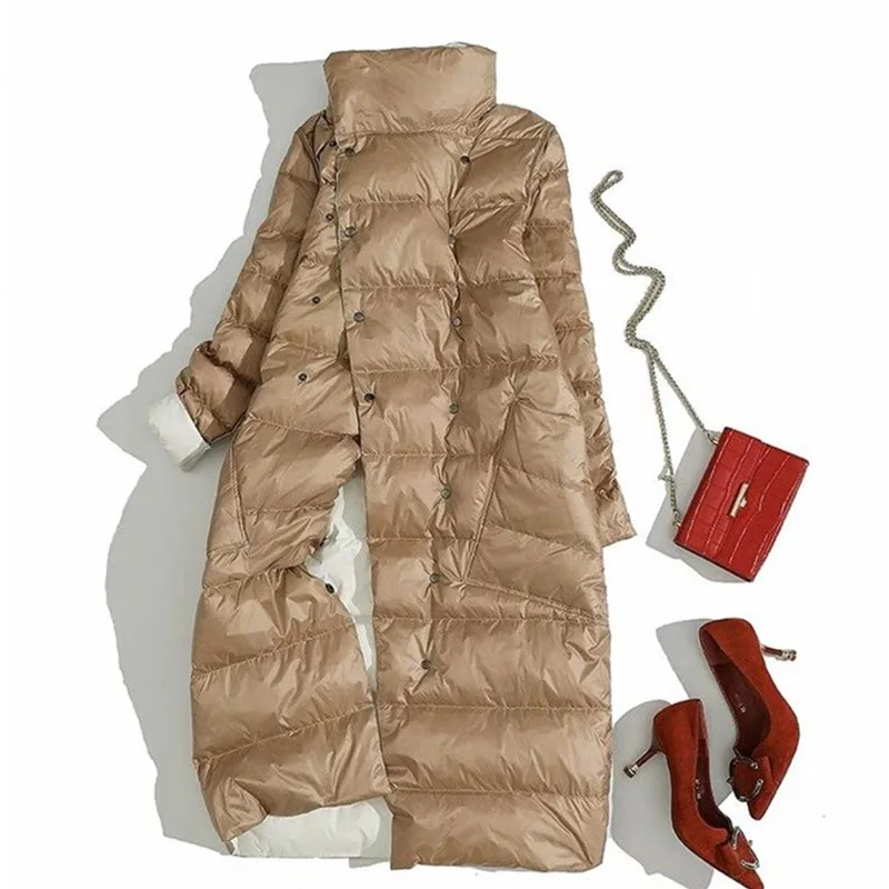 Женская зимняя двухсторонняя длинная куртка, водолазка, белый утиный пух, пальто, парки, двубортная теплая зимняя одежда