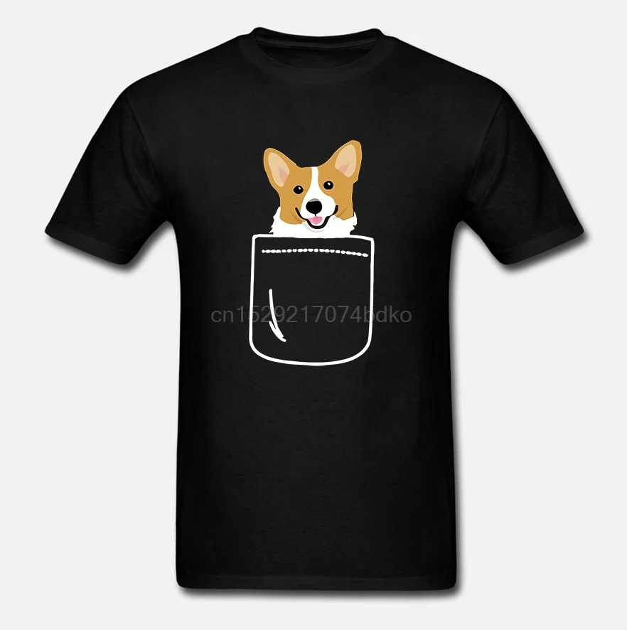 Printed Men T Shirt Cotton tshirts O-Neck Short-Sleeve Corgi In Pocket Funny Cute Puppy Big Happy Smile Women T-Shirt |
