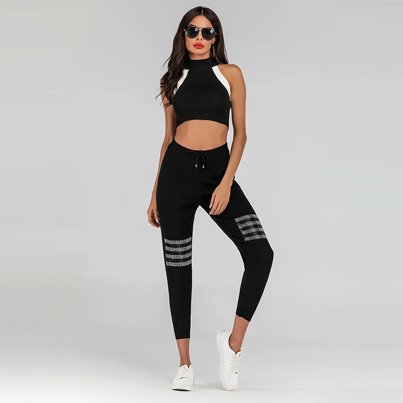

Europe and The United States New Elastic Slim Thin Nine Pants Women Europe and America Hot Beads Striped Wild Casual Pants