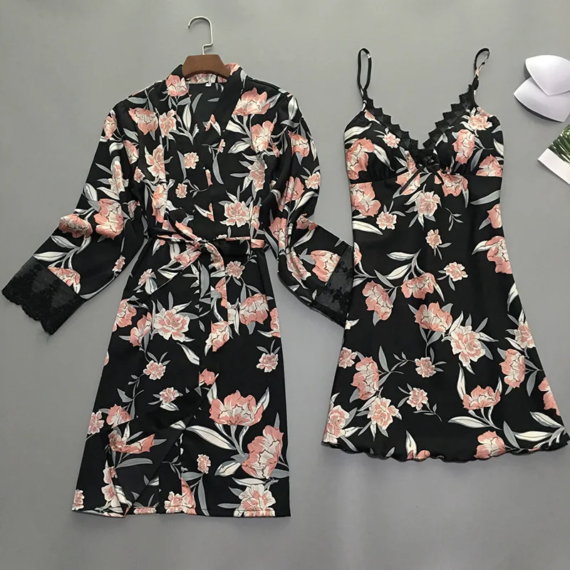 5 шт. халат платье наборы атласная Цветочная пижама набор женский кружевной искусственный шелк Домашняя одежда с длинным рукавом Брюки ночная рубашка осень - Цвет: 2 PCS Black