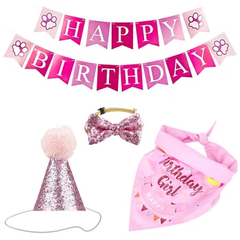 

Dog Birthday Set Pet Collar Puppy Animal Banner Decoration Fashion Headwear Bandana Hat Cute Party Supplies Neckerchief Outfit