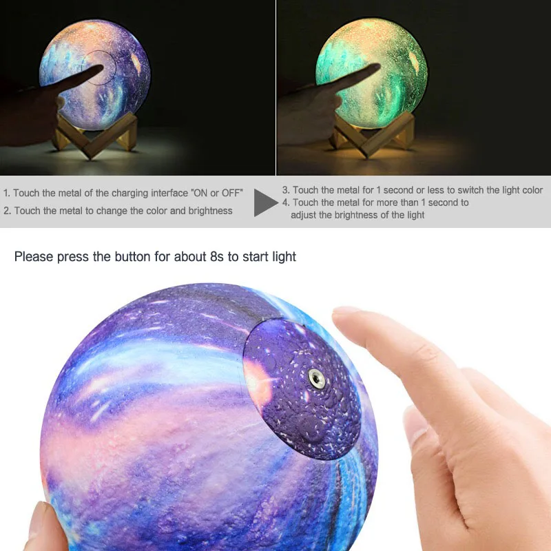 Перезаряжаемый светодиодный Настольный светильник с 3D принтом, настольная лампа с Луной, сенсорный выключатель, ночник для детей, ночник, настольный декор, подарок