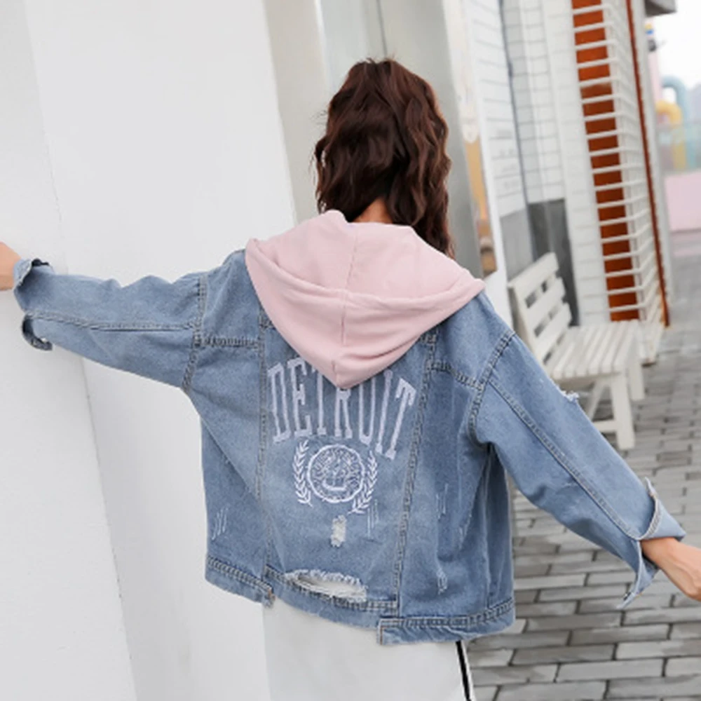 pink hooded Новая модная джинсовая куртка с капюшоном, куртка, Корейская Женская Осенняя куртка, однобортная винтажная элегантная буква с вышивкой, джинсовое пальто для женщин - Цвет: pink hooded