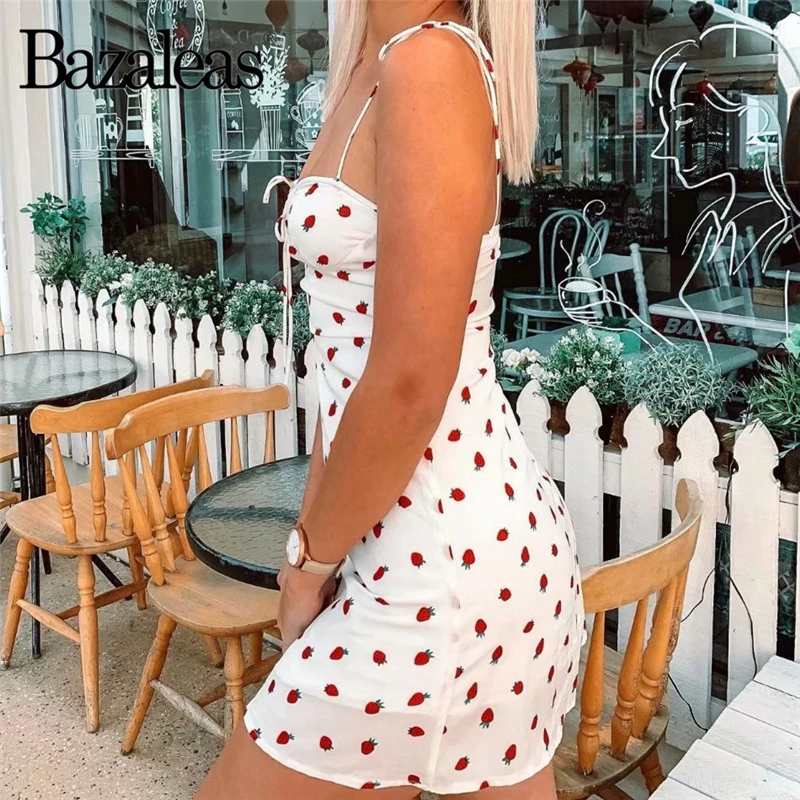 Bazaleas, винтажное регулируемое платье на тонких бретелях, vestidos, шикарное платье с клубничным принтом, женские милые платья с бантом в центре