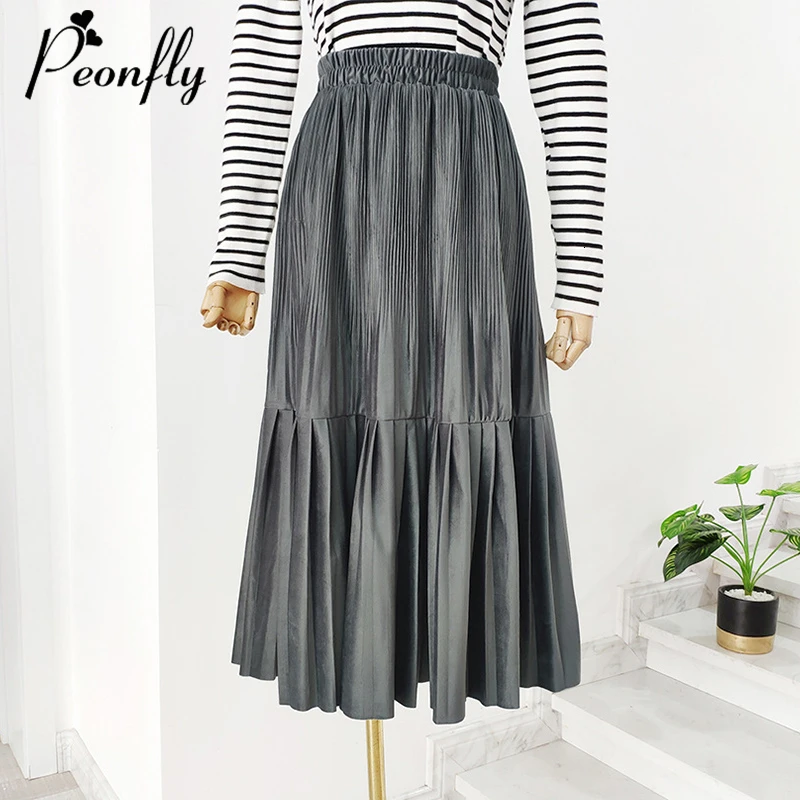 PEONFLY Элегантные Бархатные гофрированные Длинные Юбки Женская мода осень зима Корейская Повседневная трапециевидная Высокая талия Макси юбка женская серая